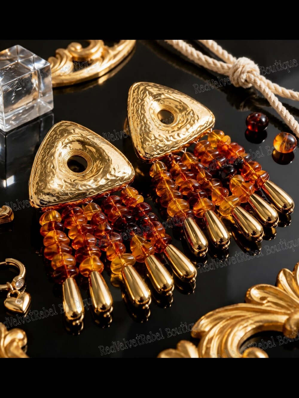 NWT Artisan Retro 70s Rootbeer Amber Gold Triangular Chandelier Drop Earrings